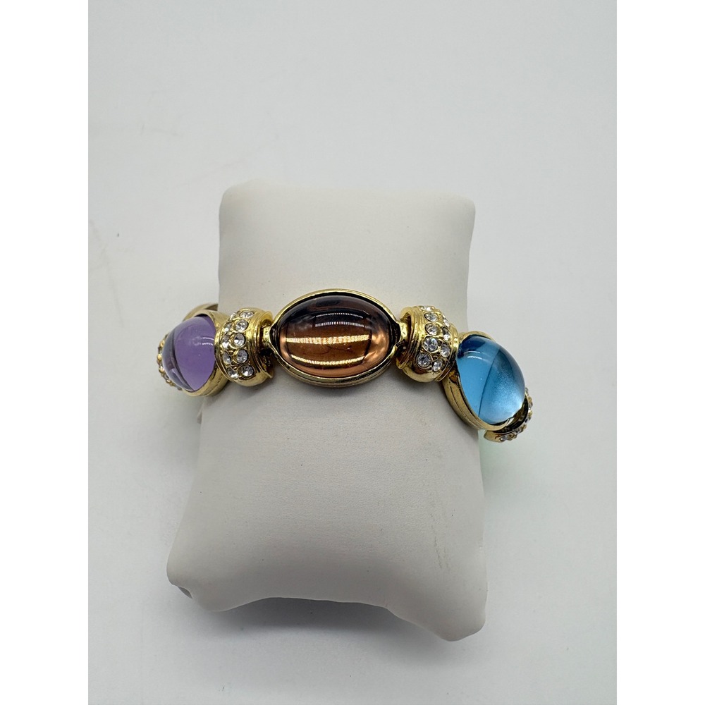 Vintage Style Gold Tone Chunky Rainbow Jelly Cabochon Rhinestone Link Bracelet